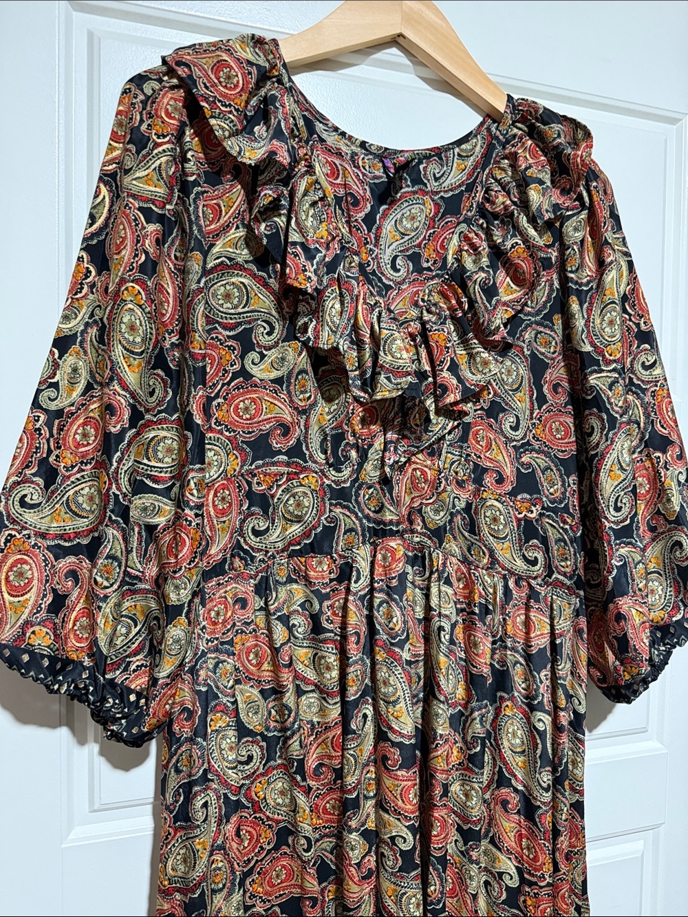 Anthropologie Boho Earthy Whimsical Maxi Dress Artisan Paisley Gold Ruffle L - Picture 3 of 9